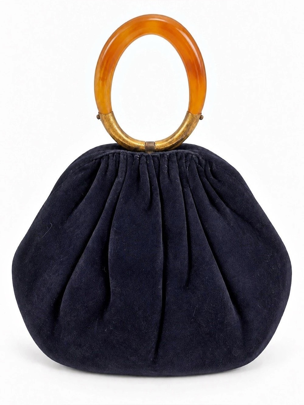 Vintage Art Deco Navy wool handbag with lucite handle.